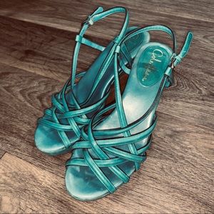 Cole Haan teal strappy wedges